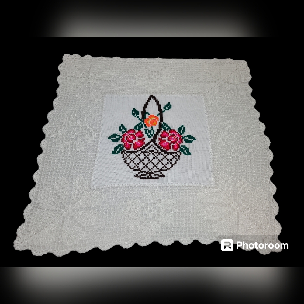Hand Embroidered Flower Basket Cross Stitch Linen White Laced Edge 18" X 19"
